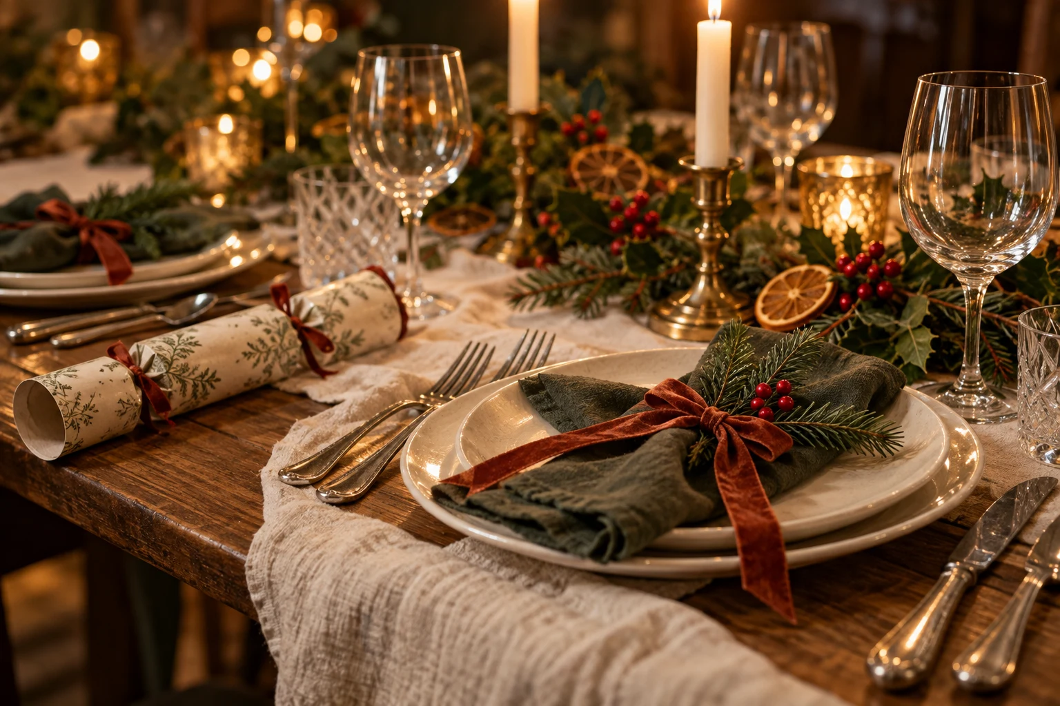 A Christmas table set with ivory candles, forest-green napkins and winter foliage